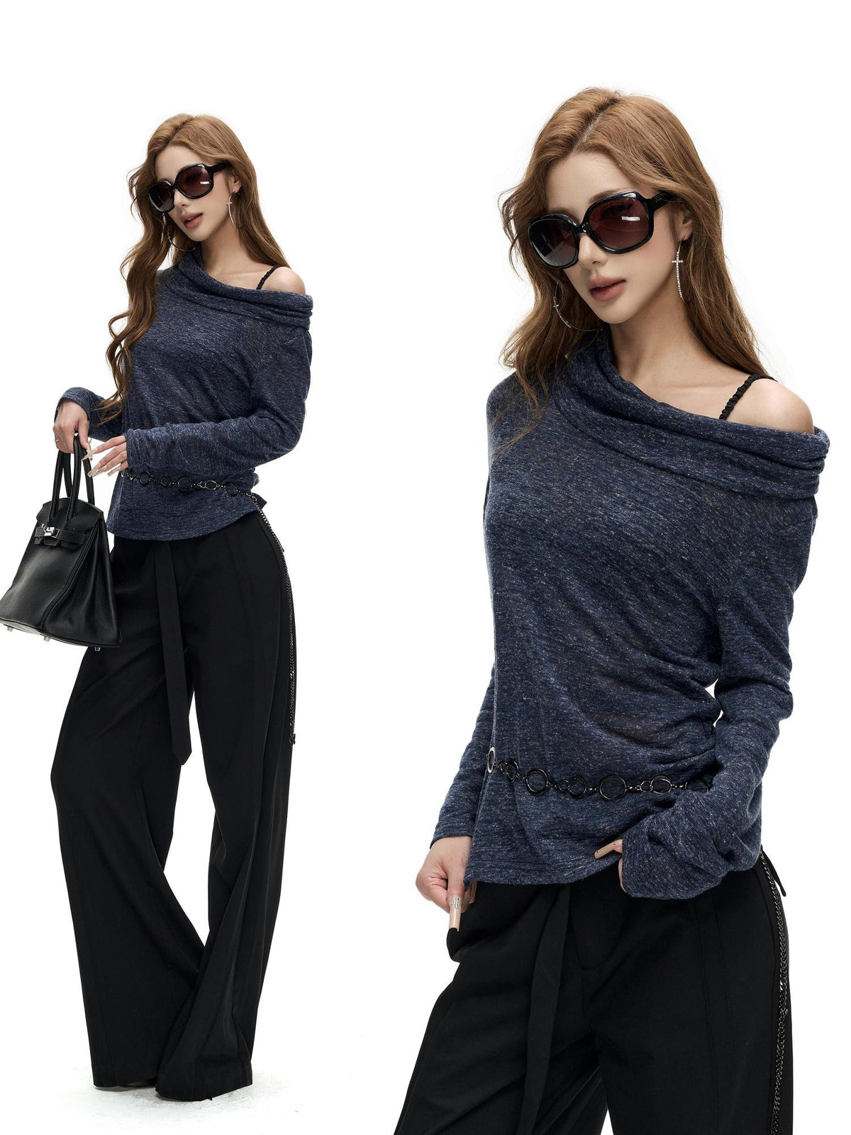 Fanptntox Floral Print Fold Over Collar One Shoulder Long Sleeve Women's Knit Sweaters