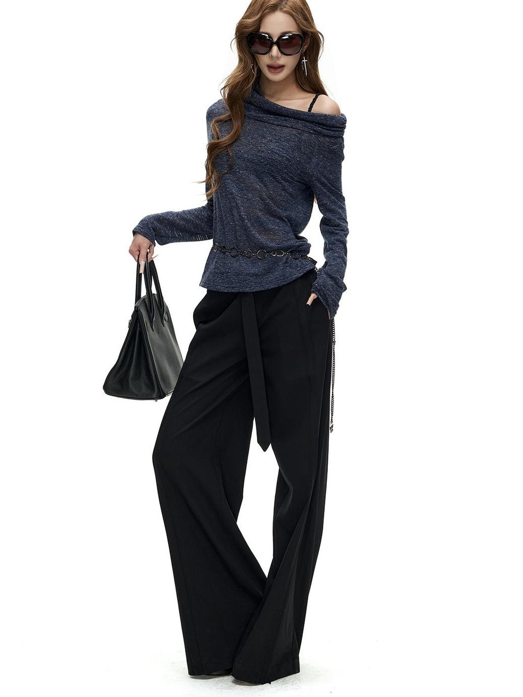 Fanptntox Floral Print Fold Over Collar One Shoulder Long Sleeve Women's Knit Sweaters