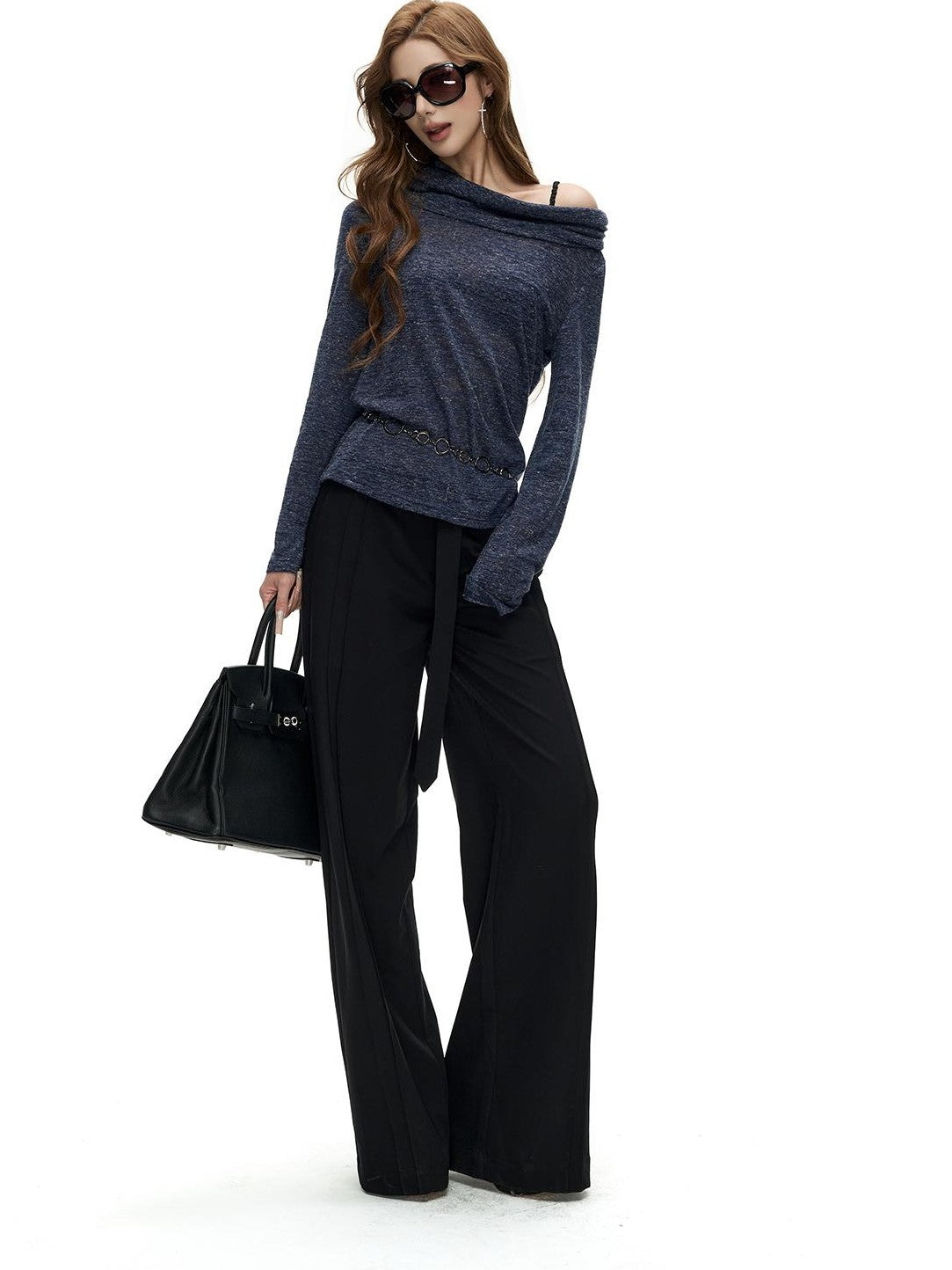 Fanptntox Floral Print Fold Over Collar One Shoulder Long Sleeve Women's Knit Sweaters