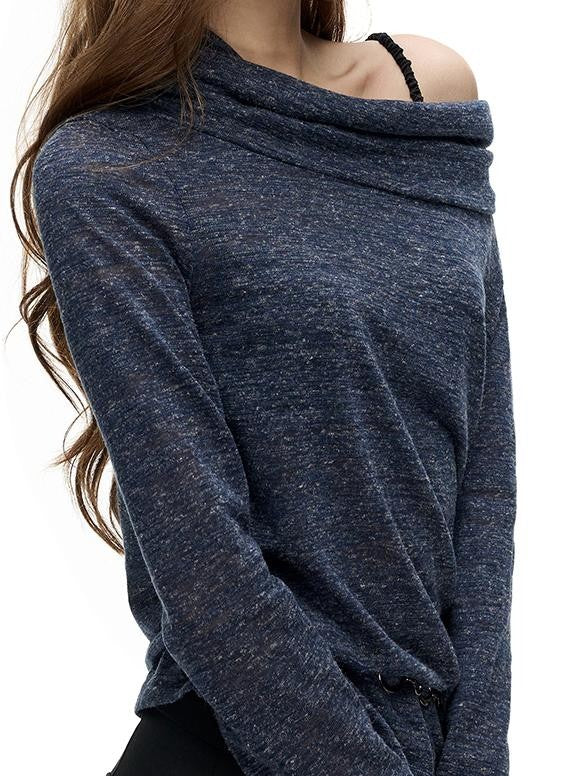 Fanptntox Floral Print Fold Over Collar One Shoulder Long Sleeve Women's Knit Sweaters