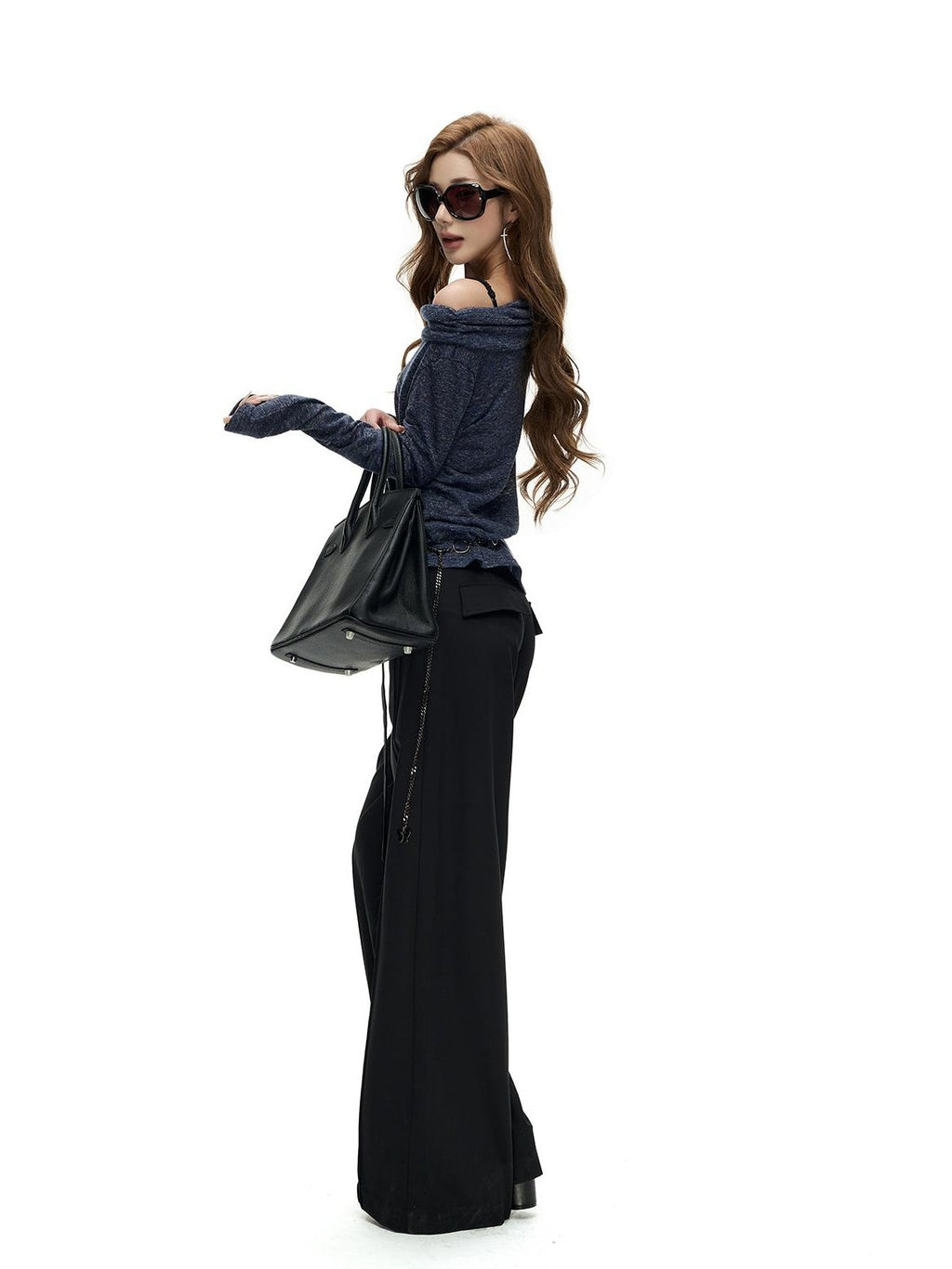 Fanptntox Floral Print Fold Over Collar One Shoulder Long Sleeve Women's Knit Sweaters