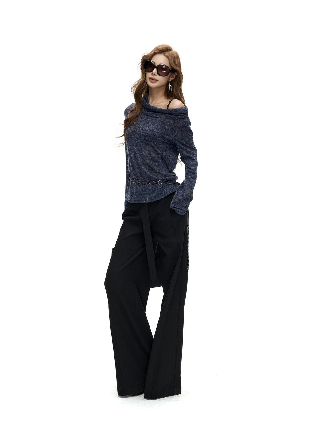 Fanptntox Floral Print Fold Over Collar One Shoulder Long Sleeve Women's Knit Sweaters