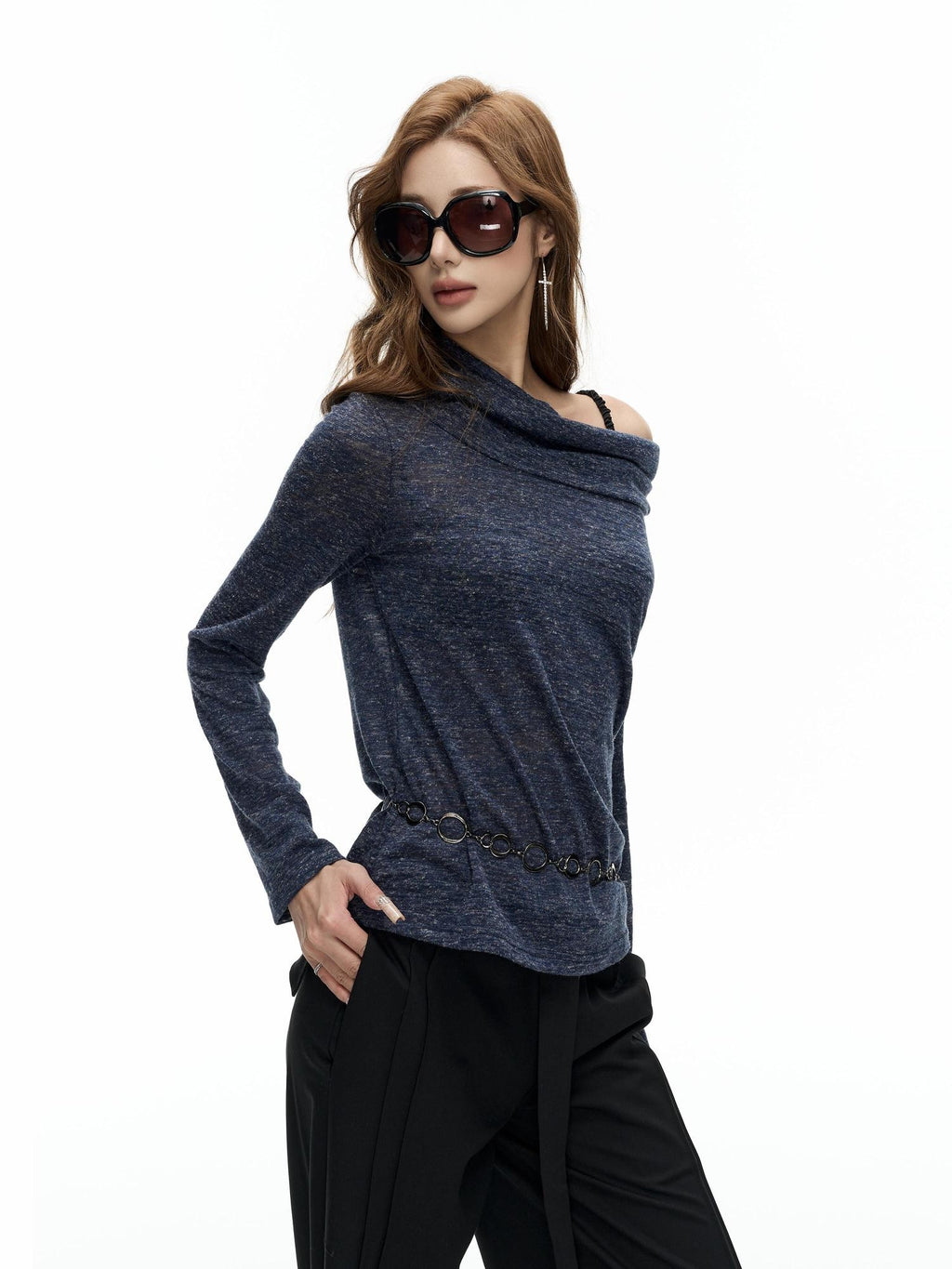 Fanptntox Floral Print Fold Over Collar One Shoulder Long Sleeve Women's Knit Sweaters