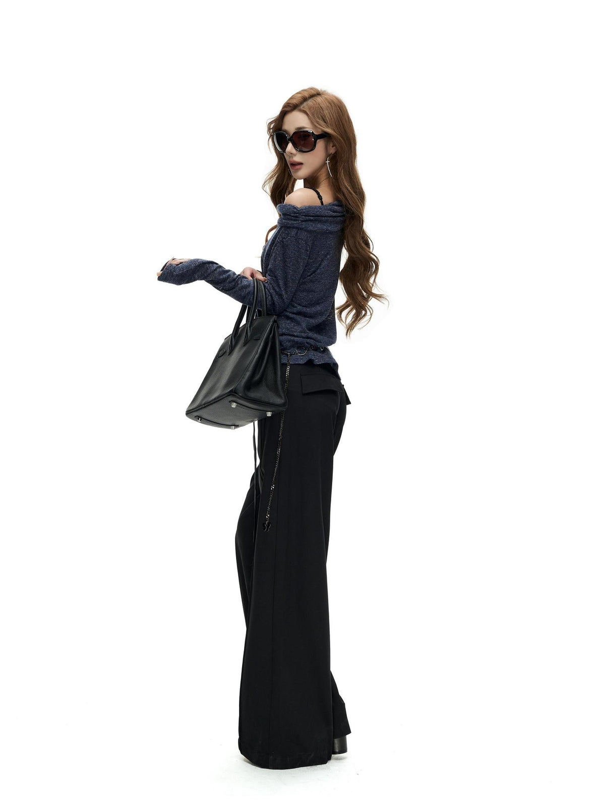 Fanptntox Floral Print Fold Over Collar One Shoulder Long Sleeve Women's Knit Sweaters
