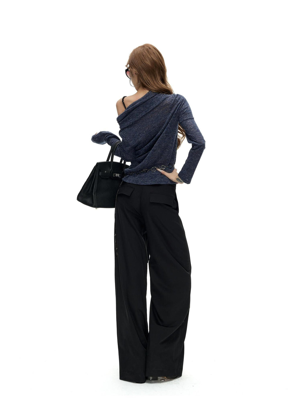 Fanptntox Floral Print Fold Over Collar One Shoulder Long Sleeve Women's Knit Sweaters