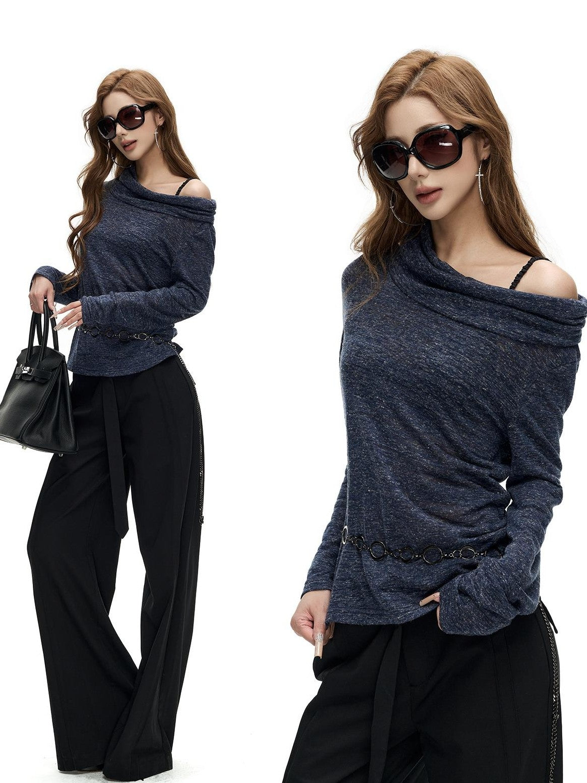 Fanptntox Floral Print Fold Over Collar One Shoulder Long Sleeve Women's Knit Sweaters