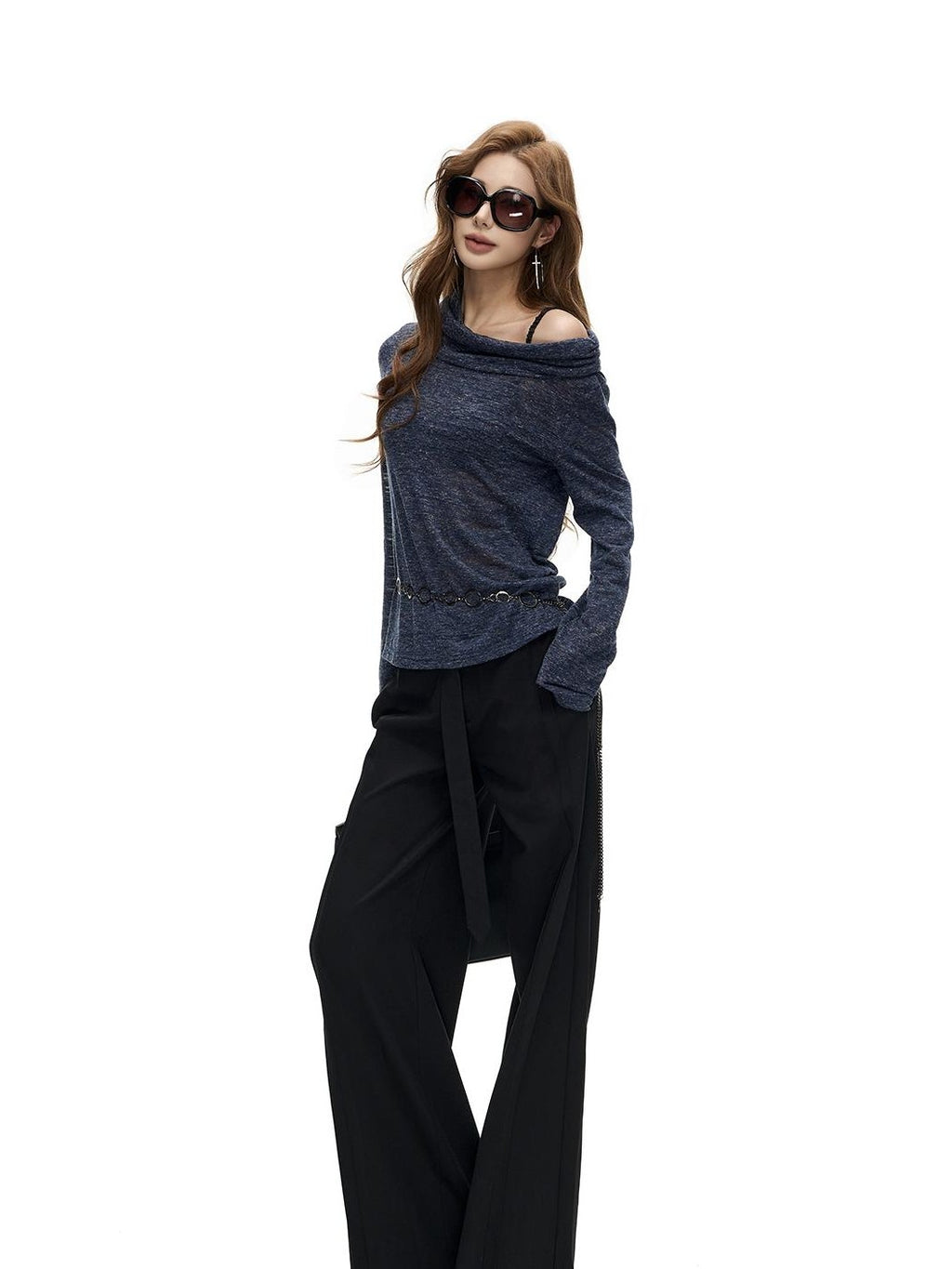 Fanptntox Floral Print Fold Over Collar One Shoulder Long Sleeve Women's Knit Sweaters