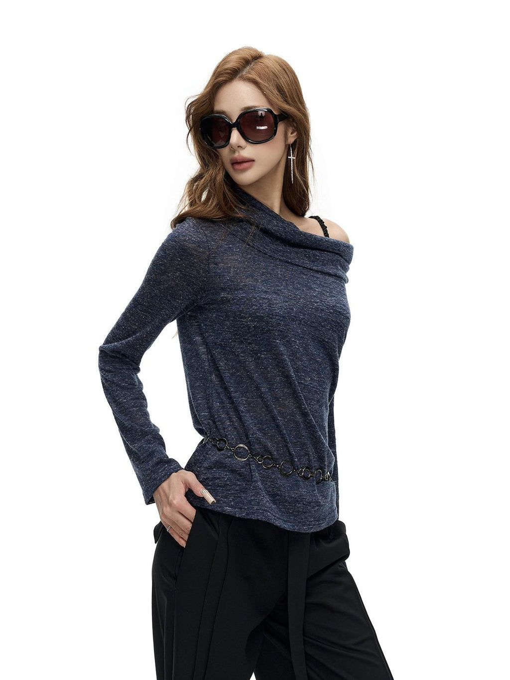 Fanptntox Floral Print Fold Over Collar One Shoulder Long Sleeve Women's Knit Sweaters