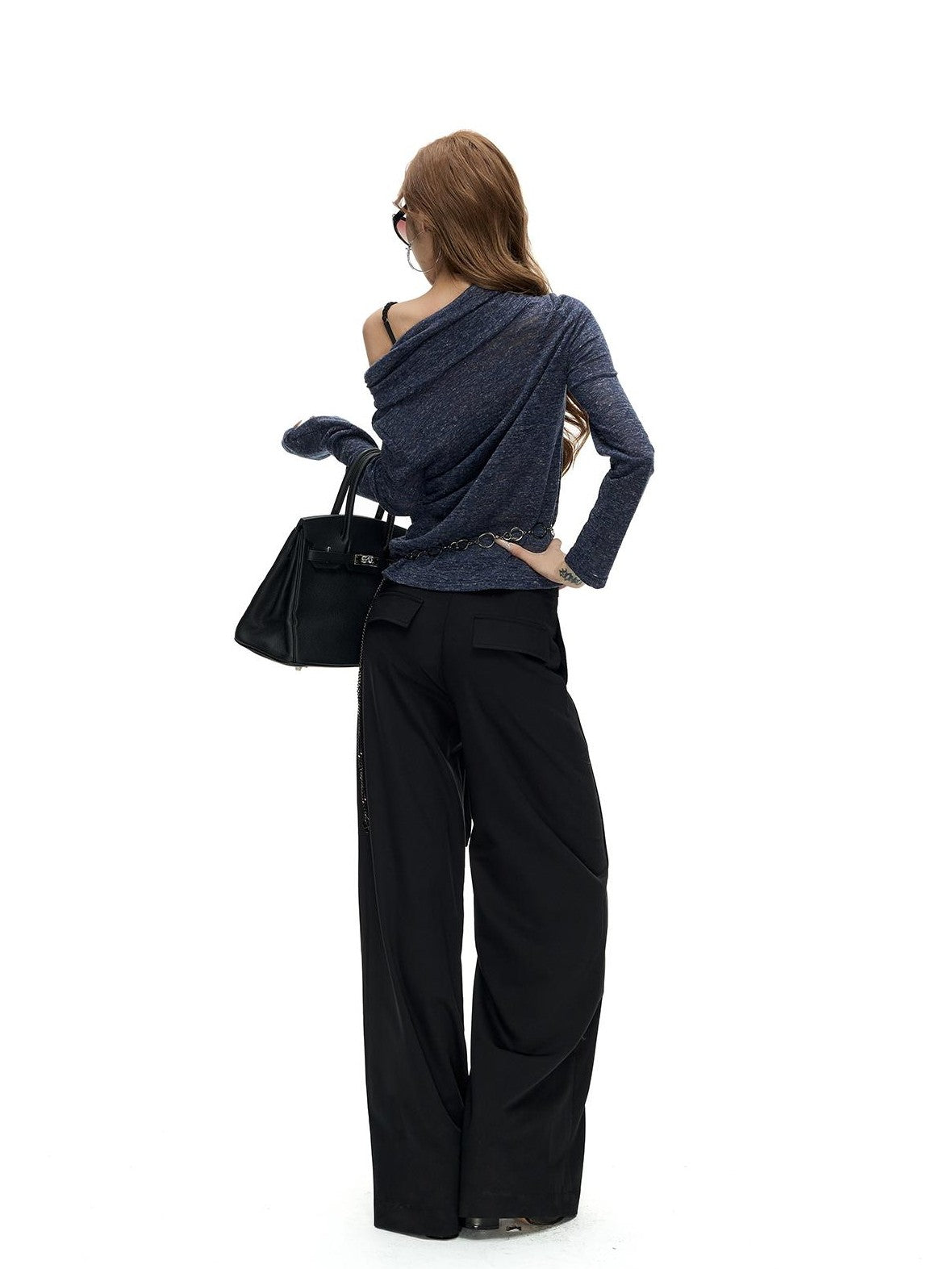 Fanptntox Floral Print Fold Over Collar One Shoulder Long Sleeve Women's Knit Sweaters