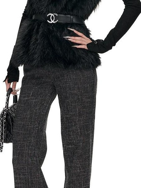 Fanptntox Fluffy Sleeveless Two Tone V-neck Faux Fur Women's Polyester Tank Tops