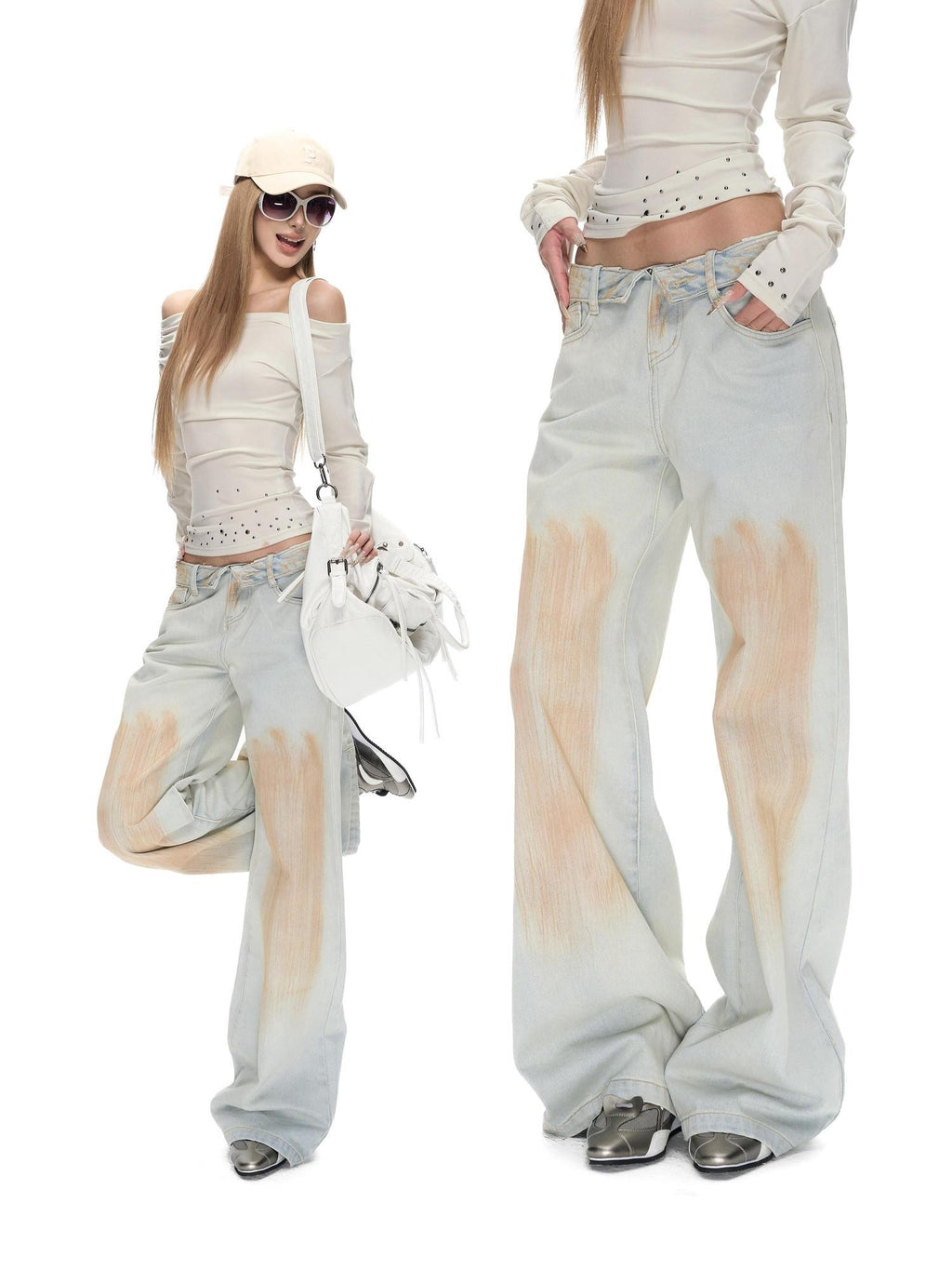 Fanptntox Foldover Waist Washed Distressed Pleated Low Rise Women's Cotton Wide-leg Jeans