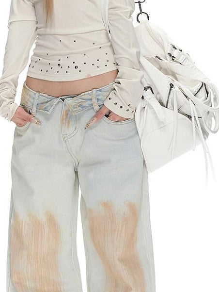 Fanptntox Foldover Waist Washed Distressed Pleated Low Rise Women's Cotton Wide-leg Jeans