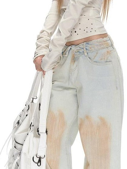 Fanptntox Foldover Waist Washed Distressed Pleated Low Rise Women's Cotton Wide-leg Jeans