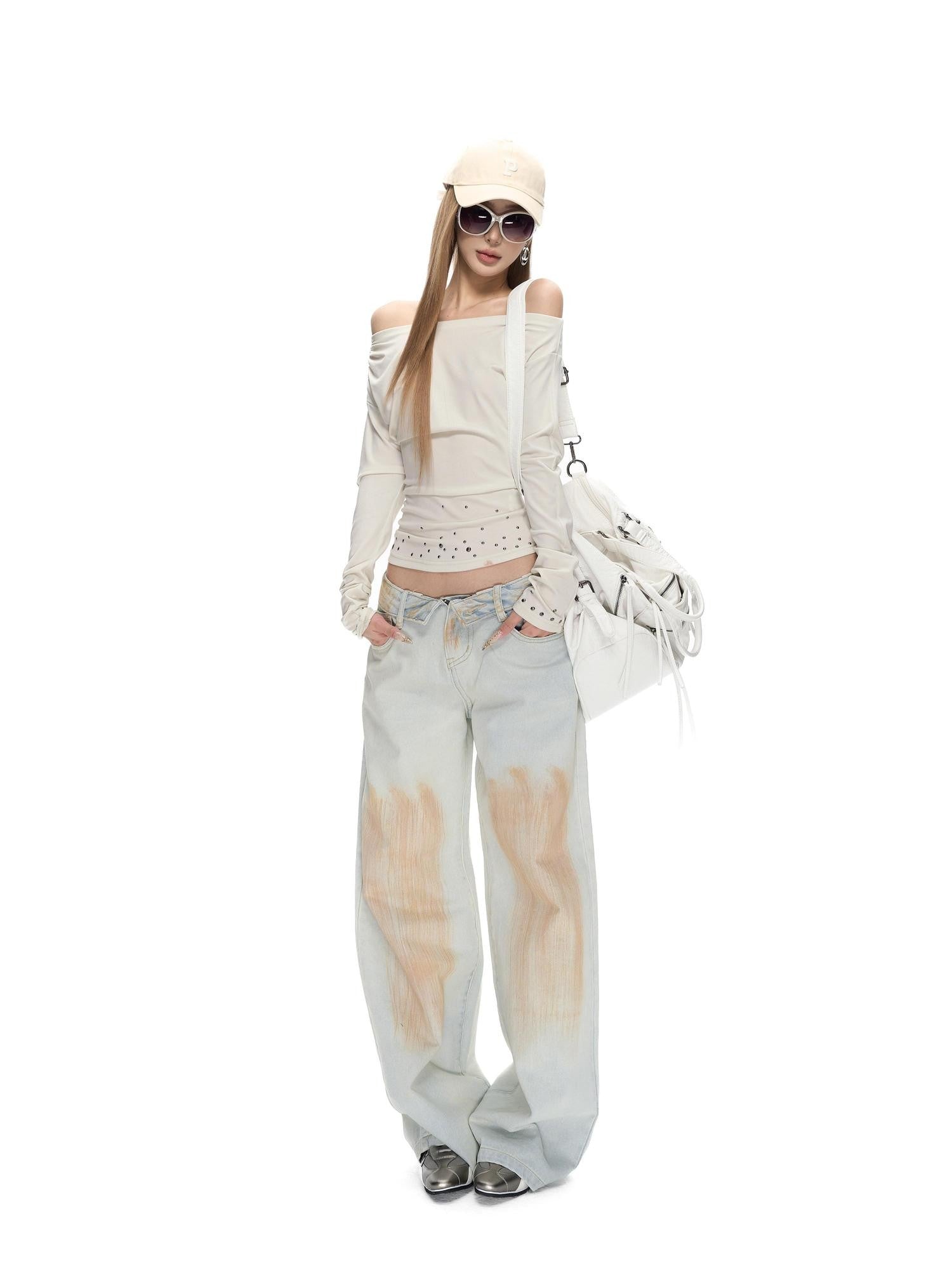 Fanptntox Foldover Waist Washed Distressed Pleated Low Rise Women's Cotton Wide-leg Jeans