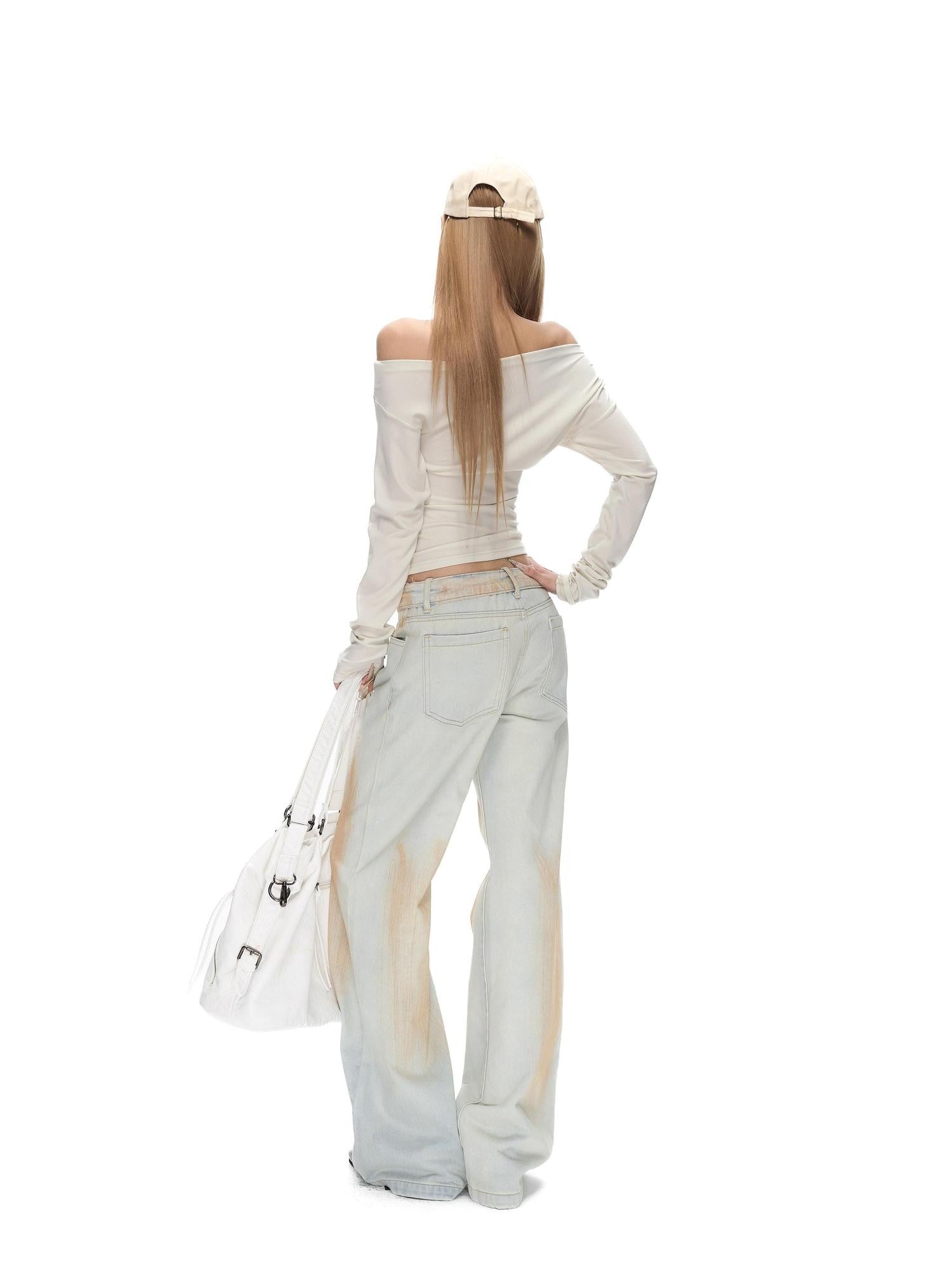 Fanptntox Foldover Waist Washed Distressed Pleated Low Rise Women's Cotton Wide-leg Jeans