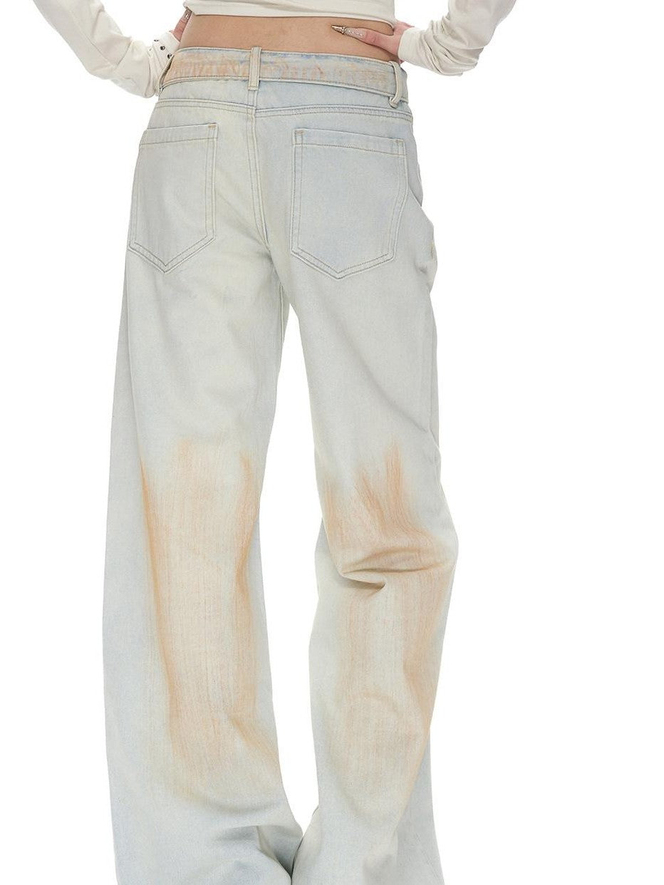 Fanptntox Foldover Waist Washed Distressed Pleated Low Rise Women's Cotton Wide-leg Jeans
