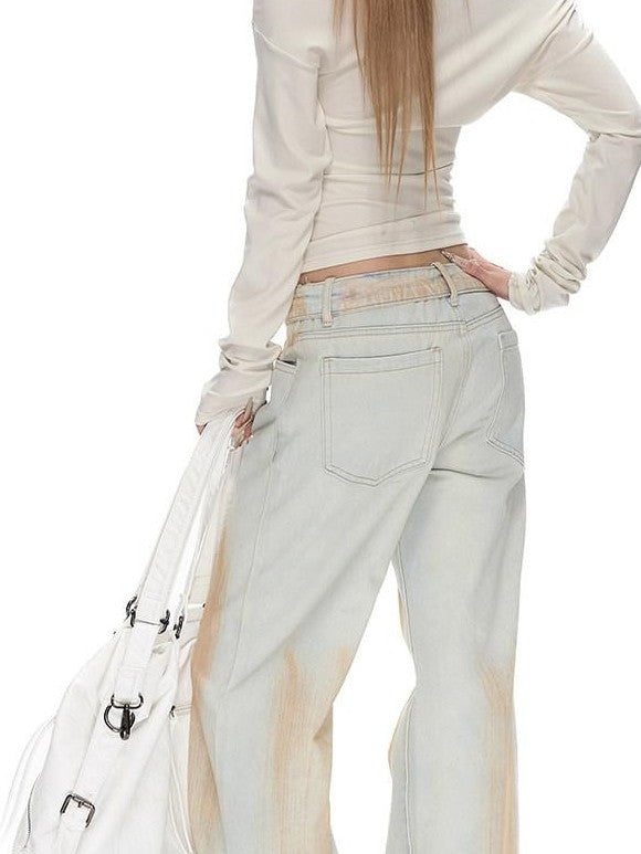 Fanptntox Foldover Waist Washed Distressed Pleated Low Rise Women's Cotton Wide-leg Jeans