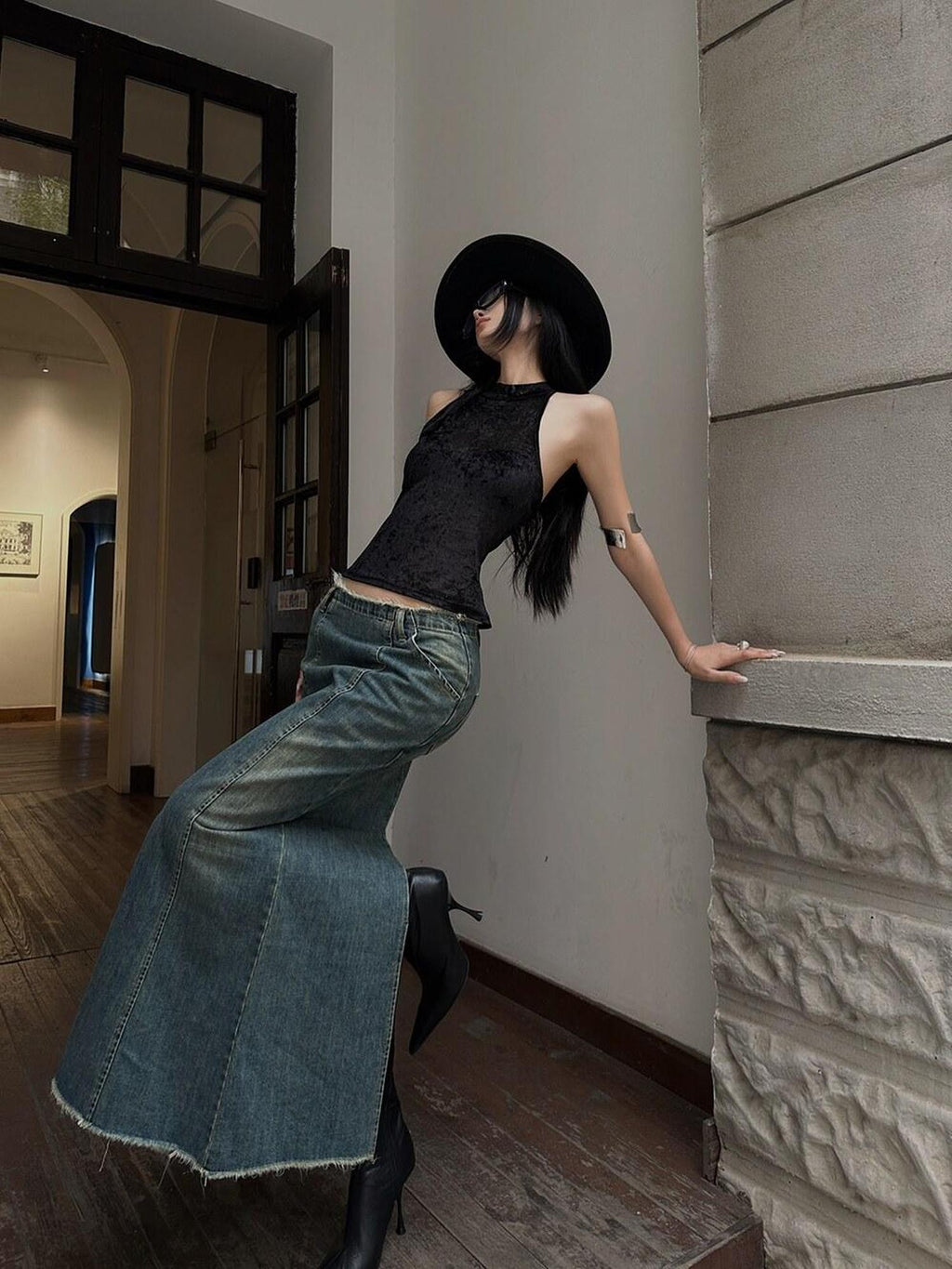 Fanptntox Frayed Hem High Waist A Line Back Slit Slim Fit Mid Length Women's Denim Skirts