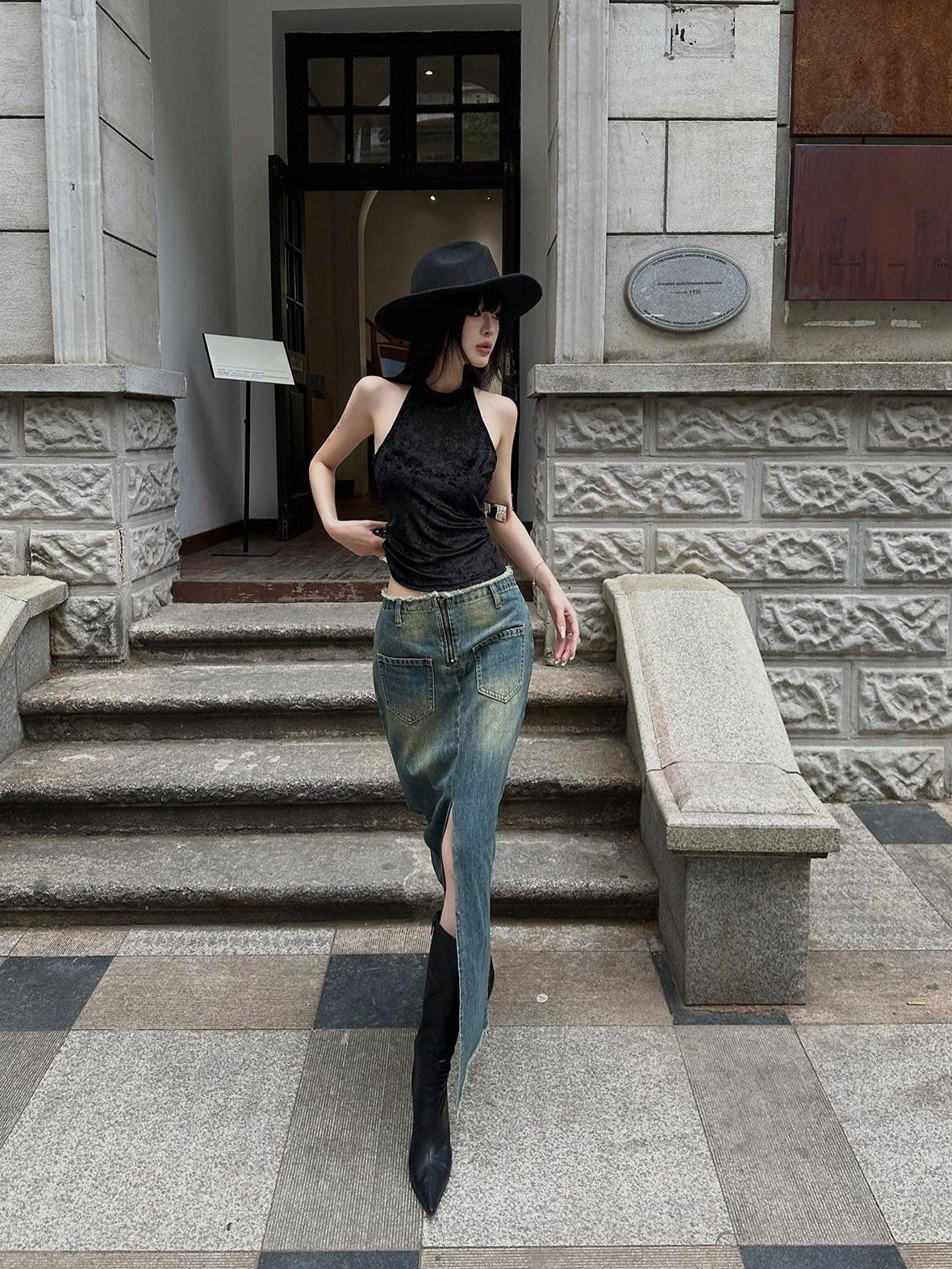 Fanptntox Frayed Hem High Waist A Line Back Slit Slim Fit Mid Length Women's Denim Skirts