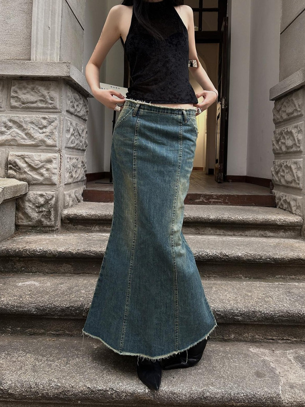 Fanptntox Frayed Hem High Waist A Line Back Slit Slim Fit Mid Length Women's Denim Skirts