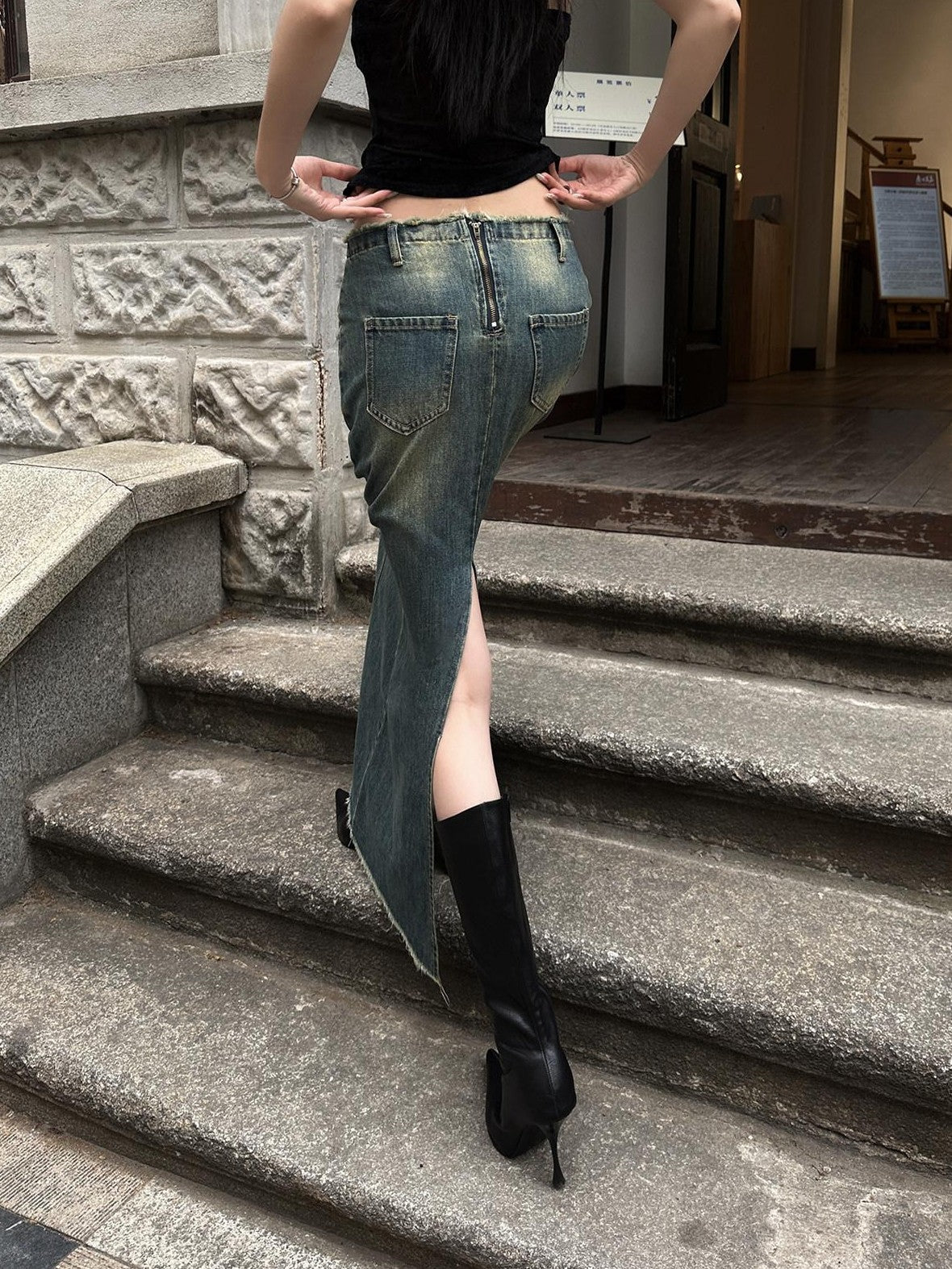 Fanptntox Frayed Hem High Waist A Line Back Slit Slim Fit Mid Length Women's Denim Skirts