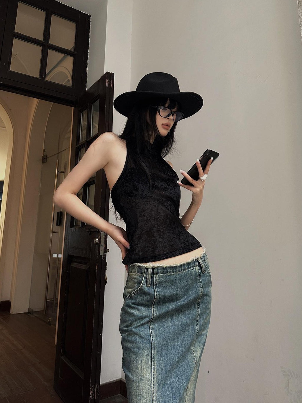Fanptntox Frayed Hem High Waist A Line Back Slit Slim Fit Mid Length Women's Denim Skirts