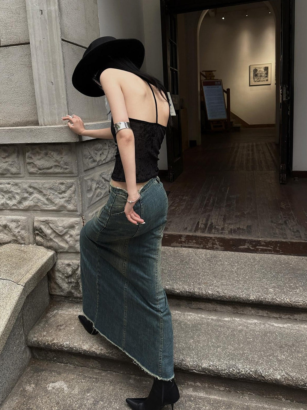 Fanptntox Frayed Hem High Waist A Line Back Slit Slim Fit Mid Length Women's Denim Skirts