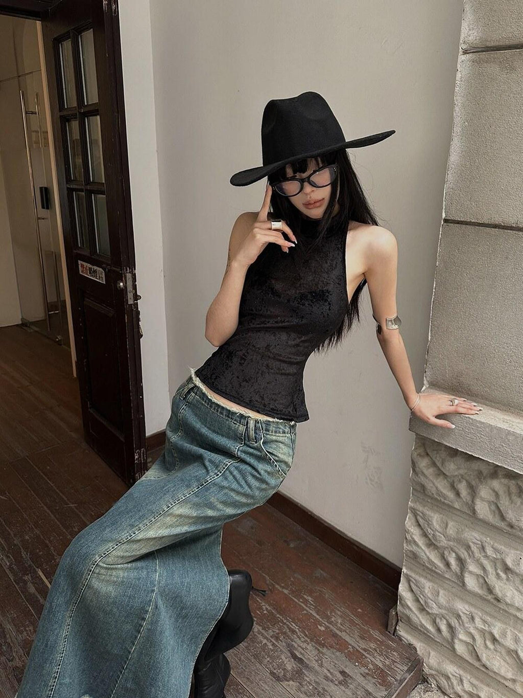 Fanptntox Frayed Hem High Waist A Line Back Slit Slim Fit Mid Length Women's Denim Skirts