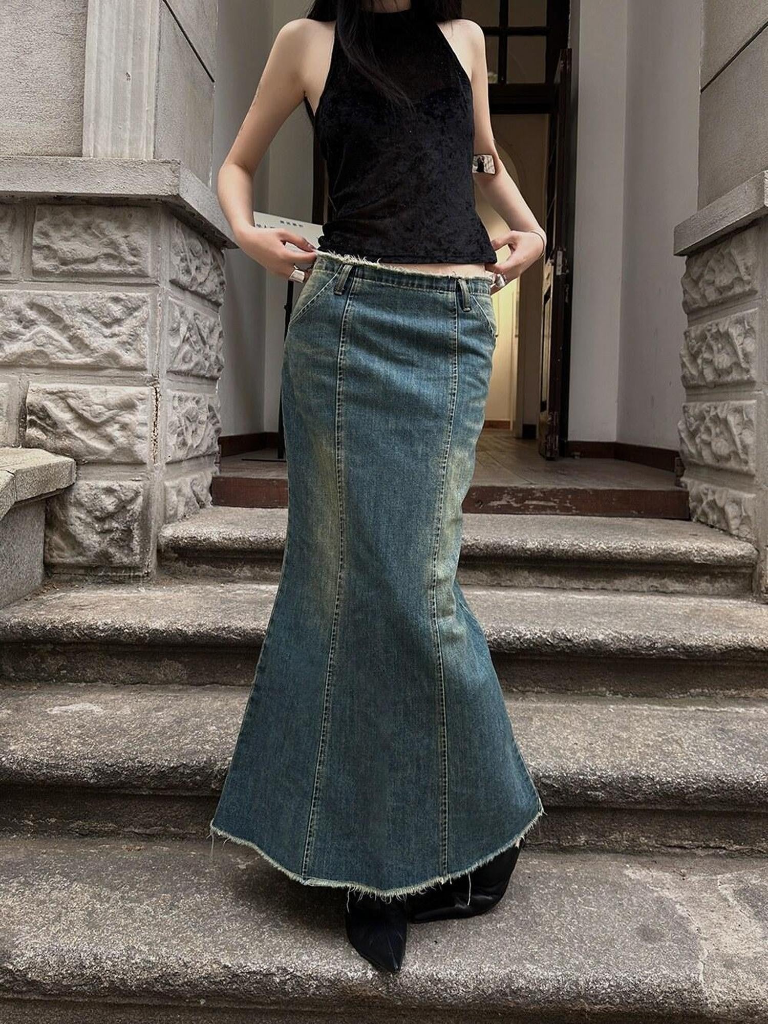 Fanptntox Frayed Hem High Waist A Line Back Slit Slim Fit Mid Length Women's Denim Skirts