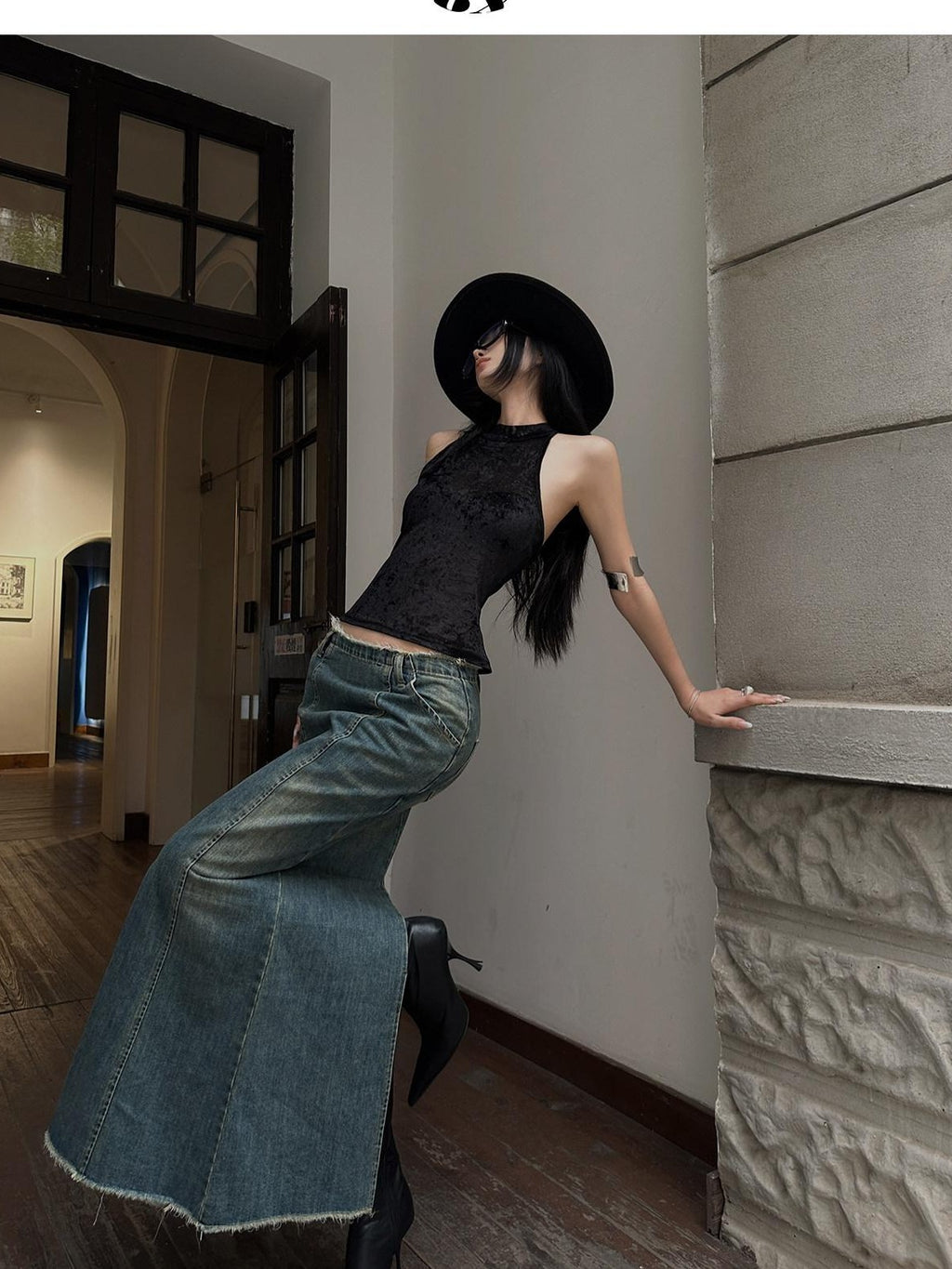 Fanptntox Frayed Hem High Waist A Line Back Slit Slim Fit Mid Length Women's Denim Skirts