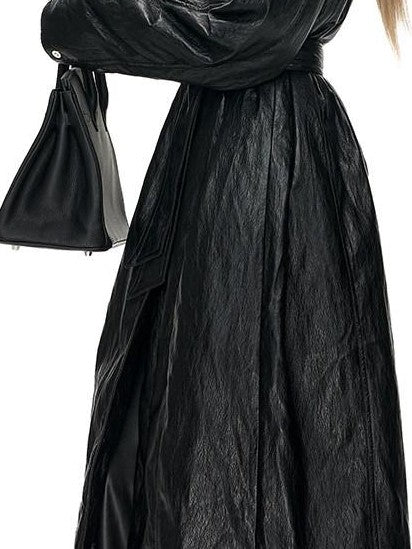 Fanptntox Glossy Metallic Stand Collar Waist Cinched Padded Women's Pu Trench Coats
