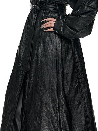 Fanptntox Glossy Metallic Stand Collar Waist Cinched Padded Women's Pu Trench Coats