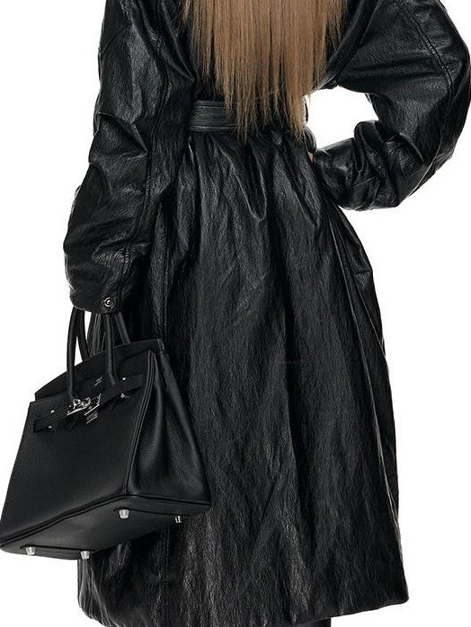 Fanptntox Glossy Metallic Stand Collar Waist Cinched Padded Women's Pu Trench Coats