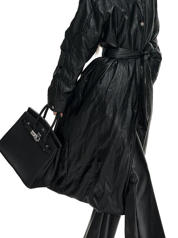 Fanptntox Glossy Metallic Stand Collar Waist Cinched Padded Women's Pu Trench Coats