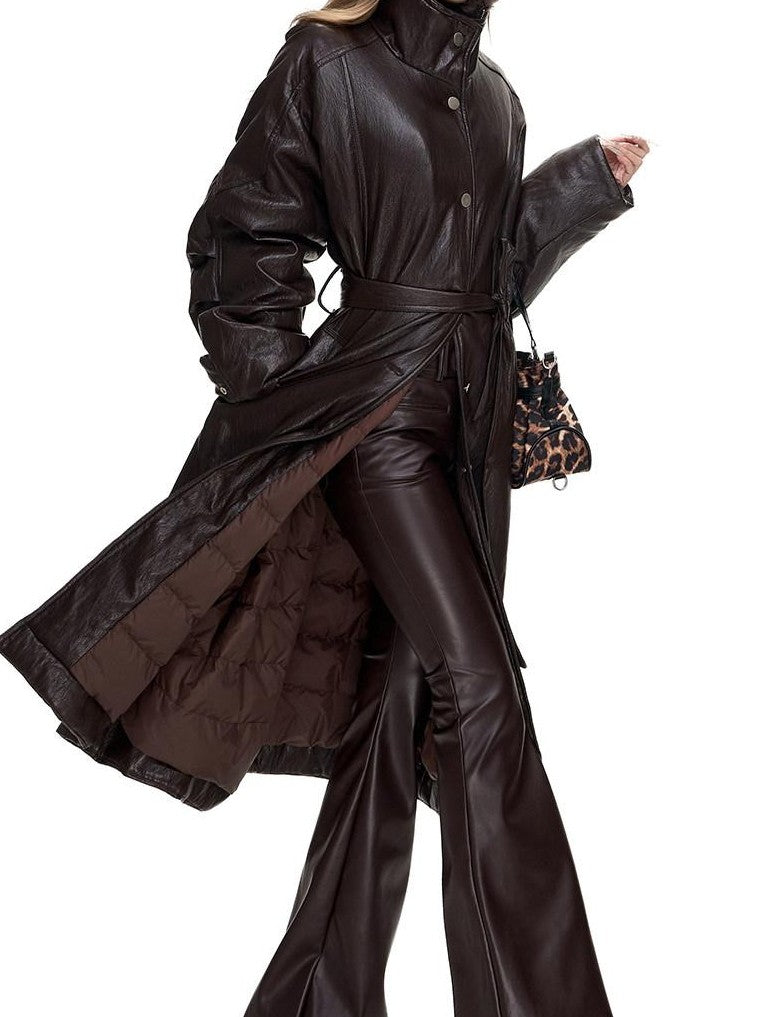 Fanptntox Glossy Metallic Stand Collar Waist Cinched Padded Women's Pu Trench Coats