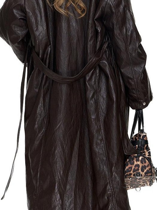 Fanptntox Glossy Metallic Stand Collar Waist Cinched Padded Women's Pu Trench Coats