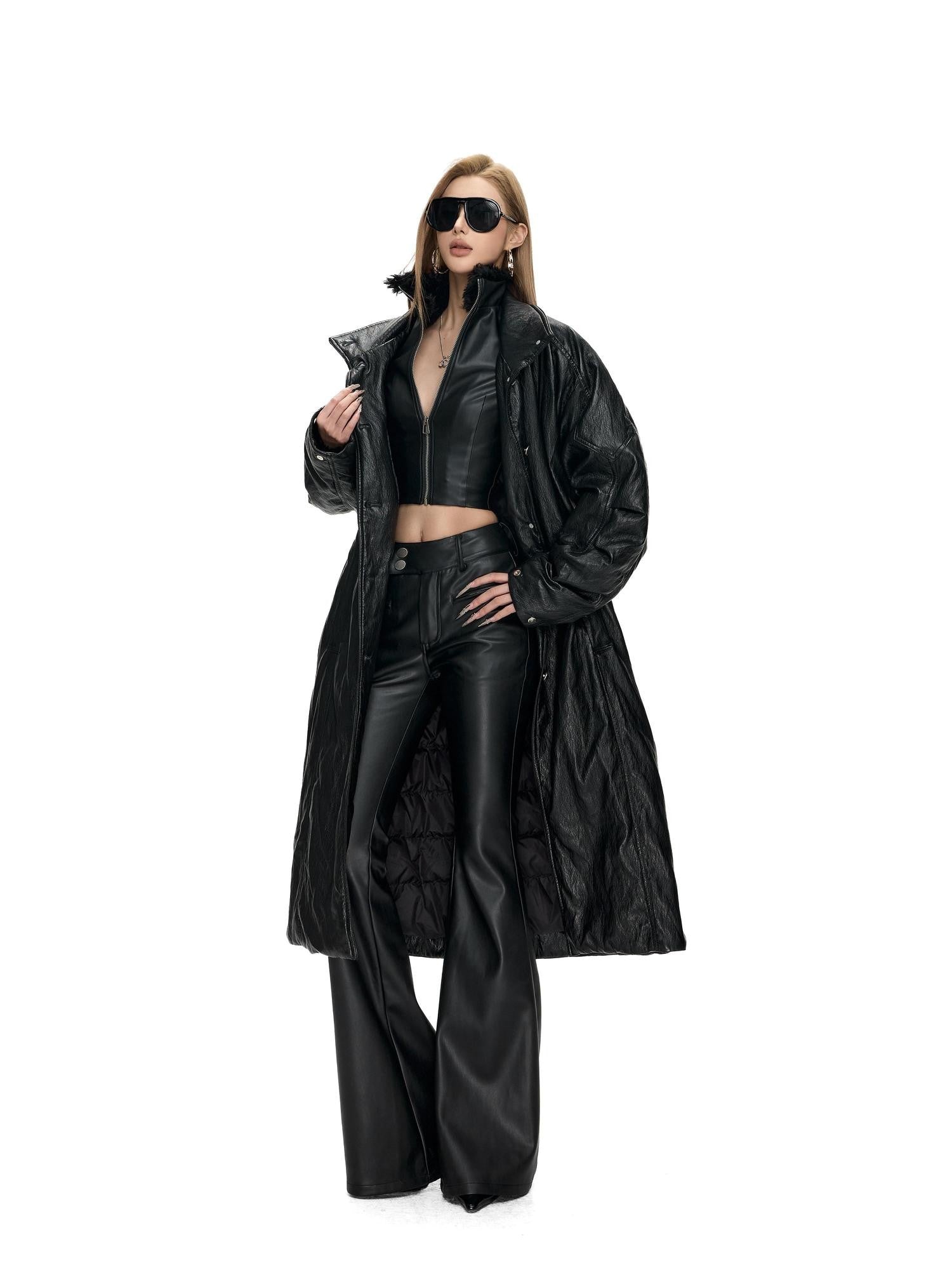 Fanptntox Glossy Metallic Stand Collar Waist Cinched Padded Women's Pu Trench Coats