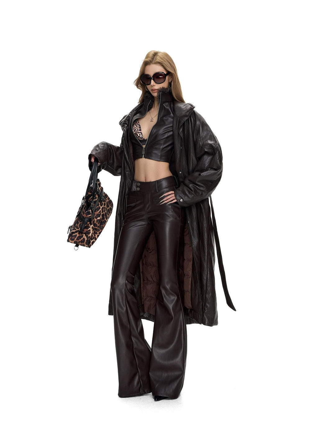 Fanptntox Glossy Metallic Stand Collar Waist Cinched Padded Women's Pu Trench Coats