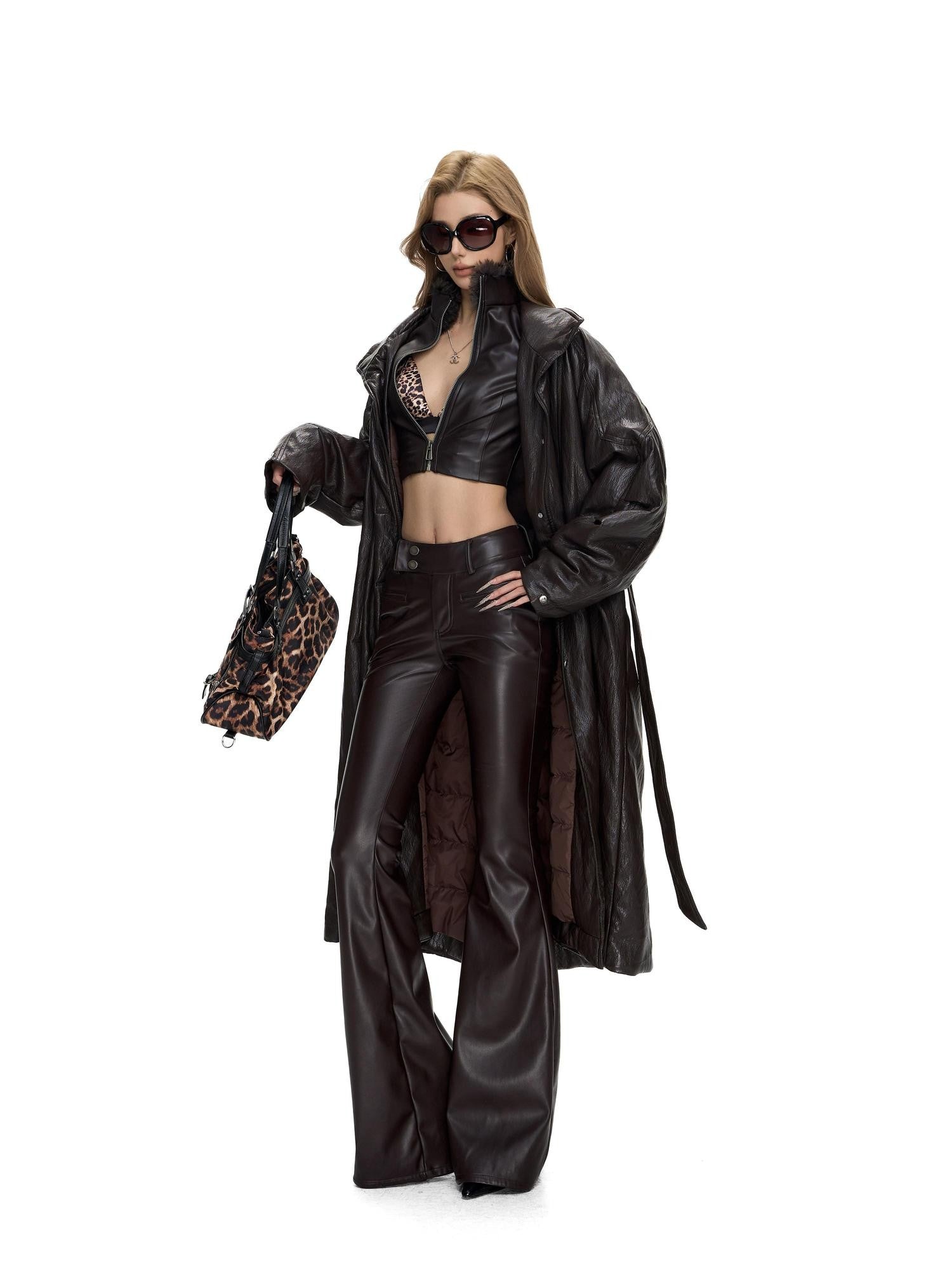 Fanptntox Glossy Metallic Stand Collar Waist Cinched Padded Women's Pu Trench Coats