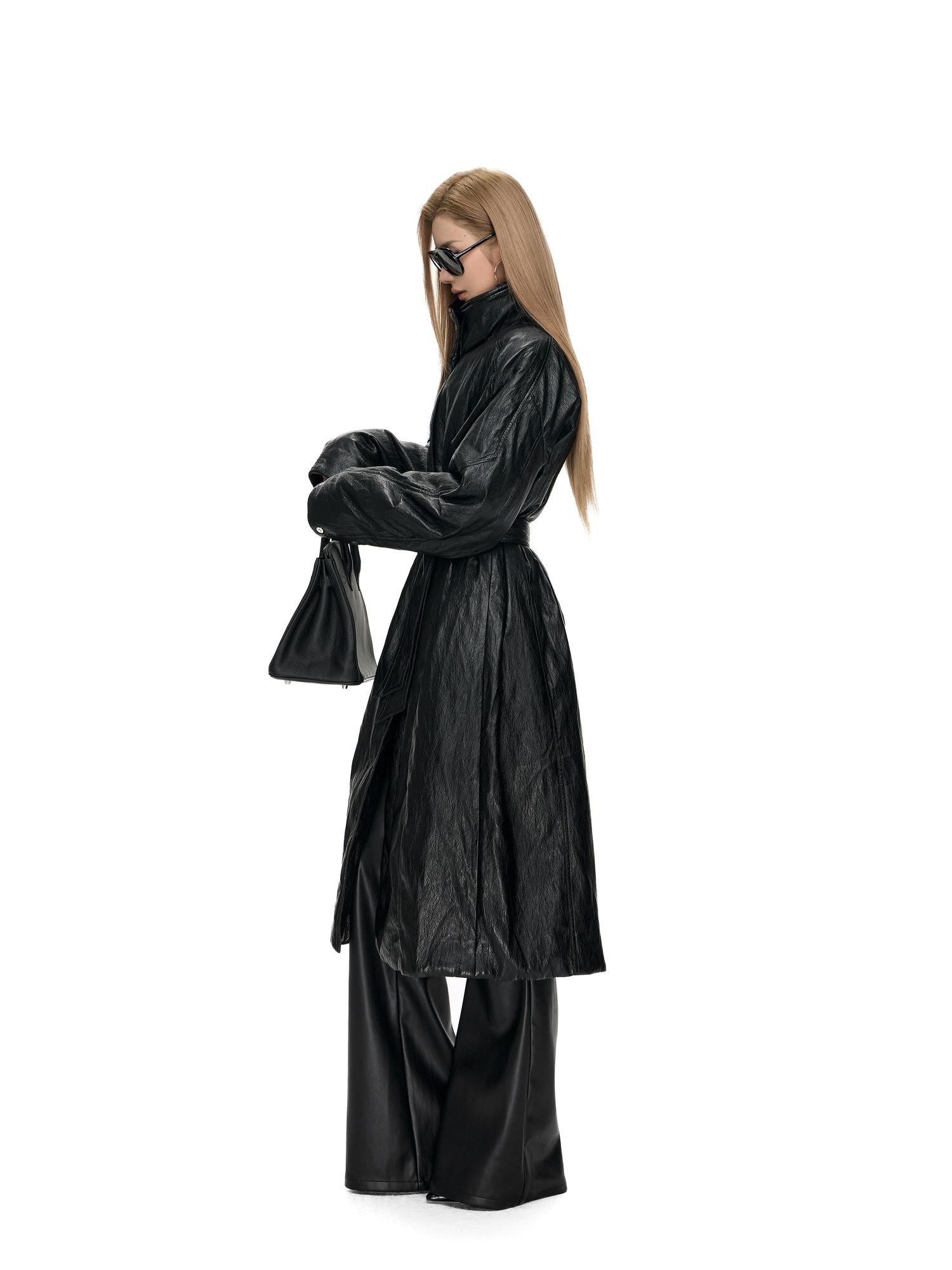 Fanptntox Glossy Metallic Stand Collar Waist Cinched Padded Women's Pu Trench Coats