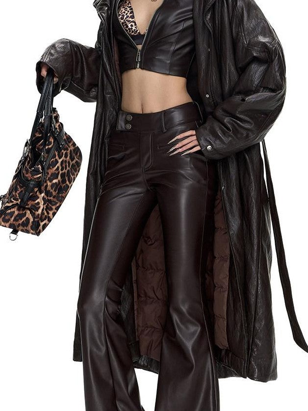 Fanptntox Glossy Metallic Stand Collar Waist Cinched Padded Women's Pu Trench Coats
