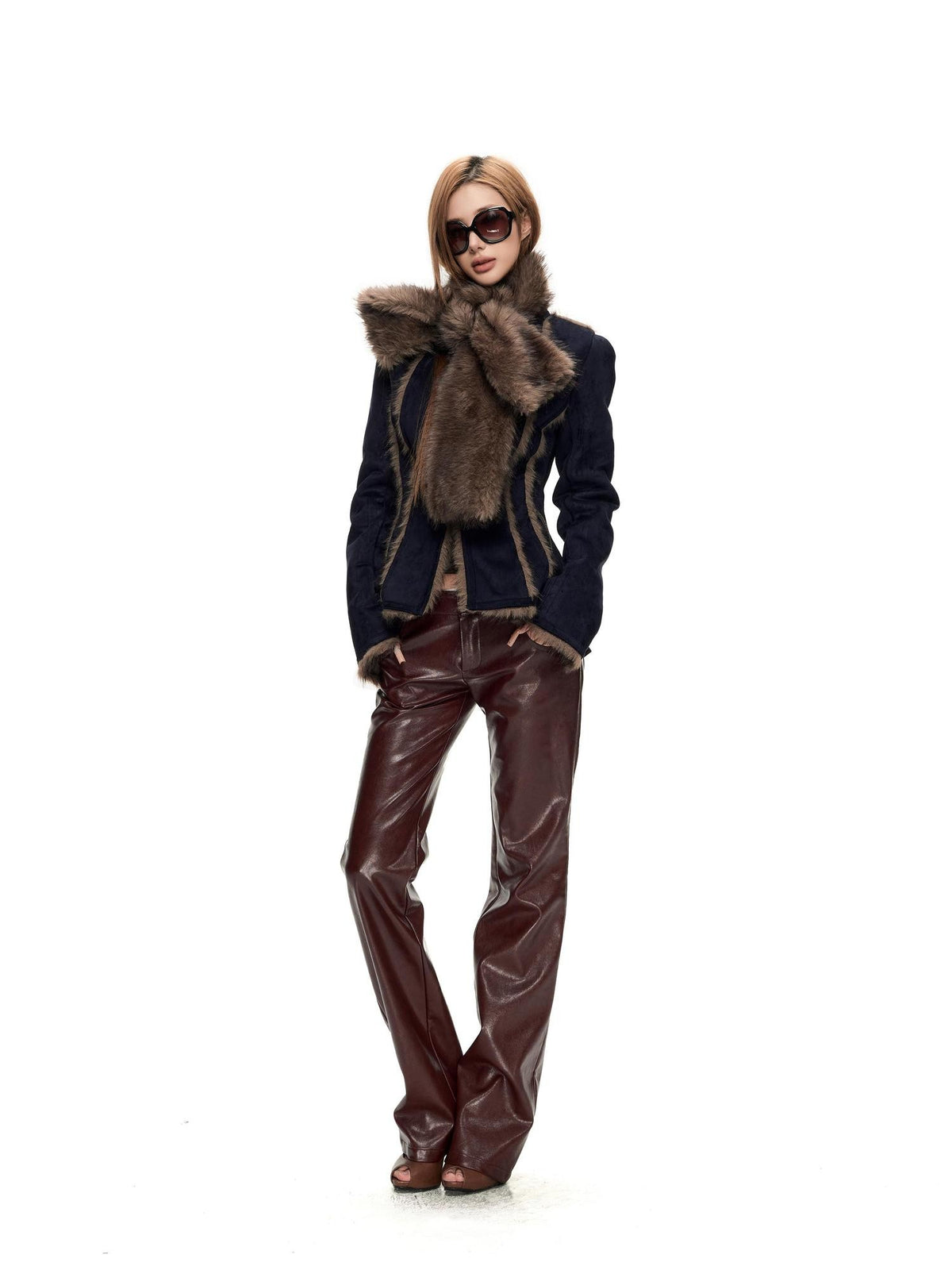 Fanptntox Glossy Red Straight Leg Low Waist Slimming Women's Pu Leather Pants