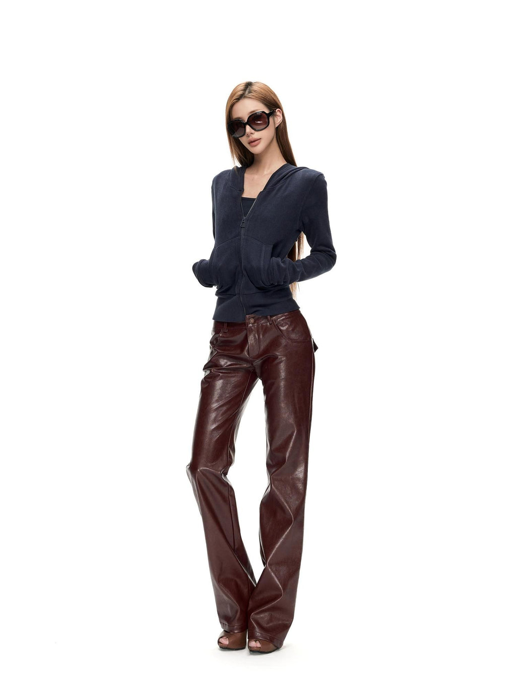 Fanptntox Glossy Red Straight Leg Low Waist Slimming Women's Pu Leather Pants