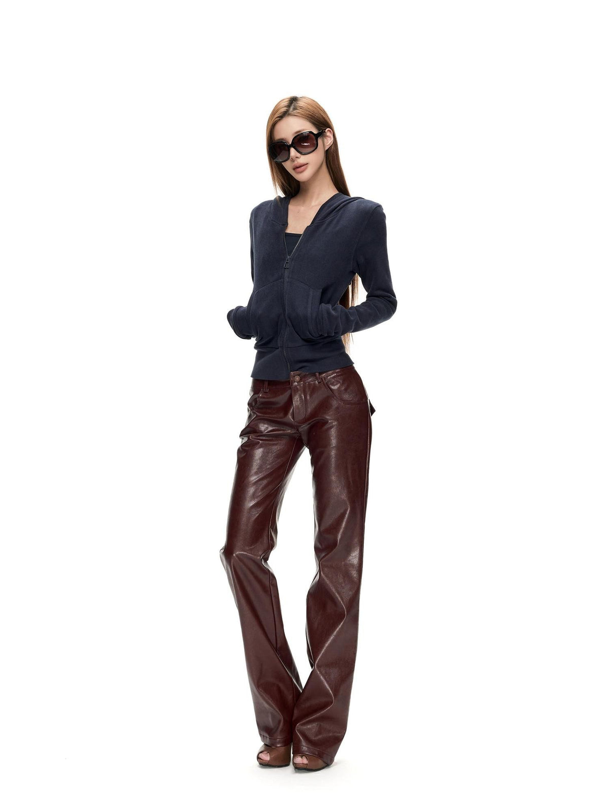 Fanptntox Glossy Red Straight Leg Low Waist Slimming Women's Pu Leather Pants