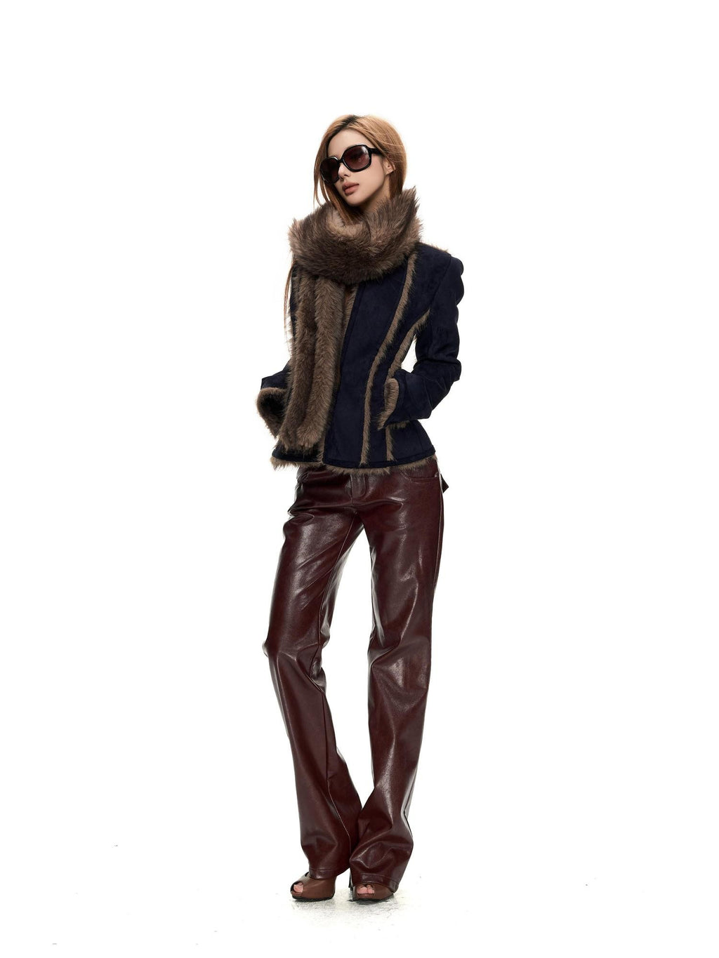 Fanptntox Glossy Red Straight Leg Low Waist Slimming Women's Pu Leather Pants
