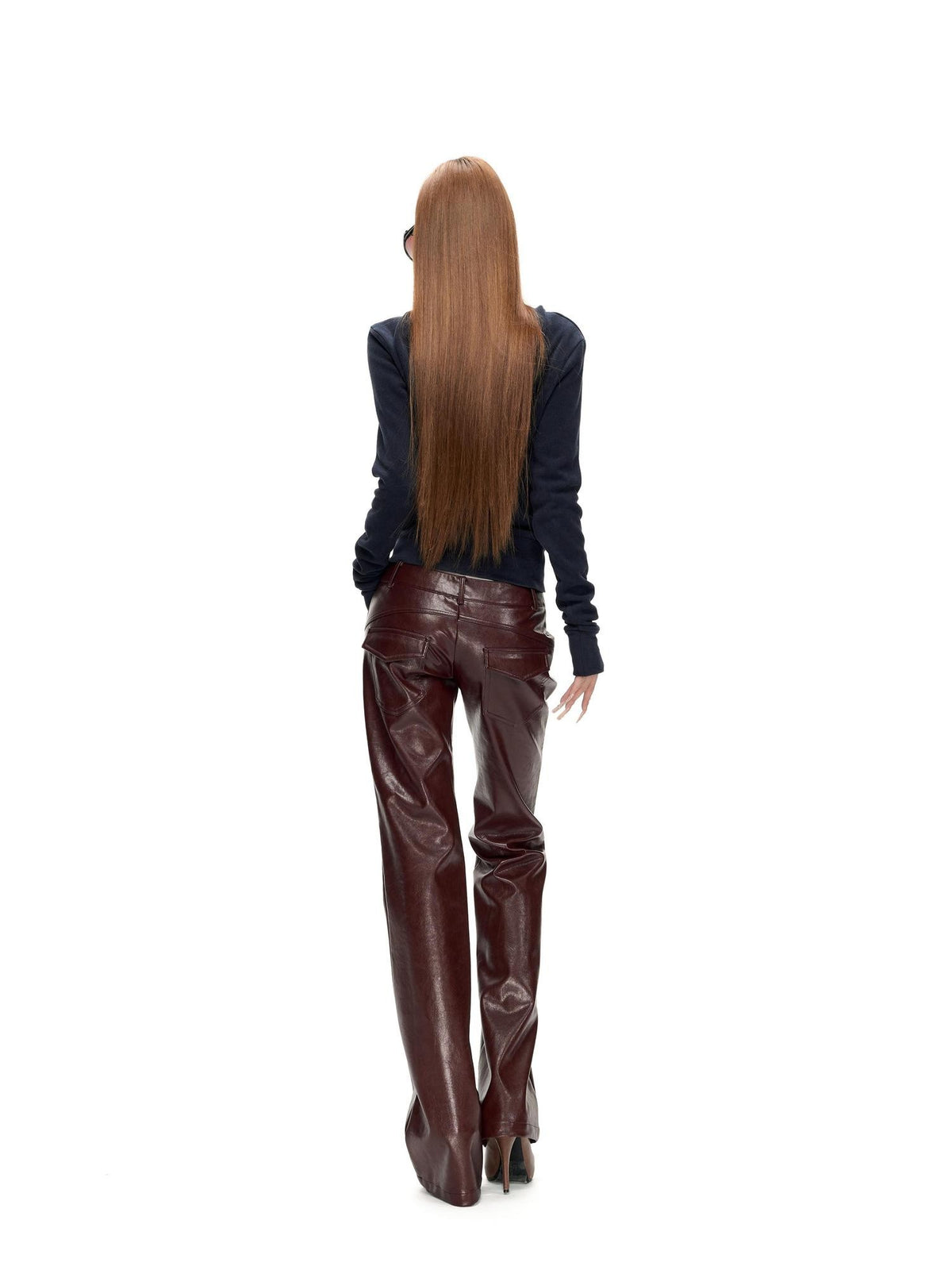 Fanptntox Glossy Red Straight Leg Low Waist Slimming Women's Pu Leather Pants