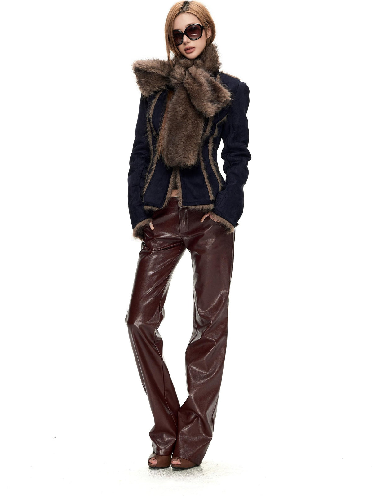 Fanptntox Glossy Red Straight Leg Low Waist Slimming Women's Pu Leather Pants