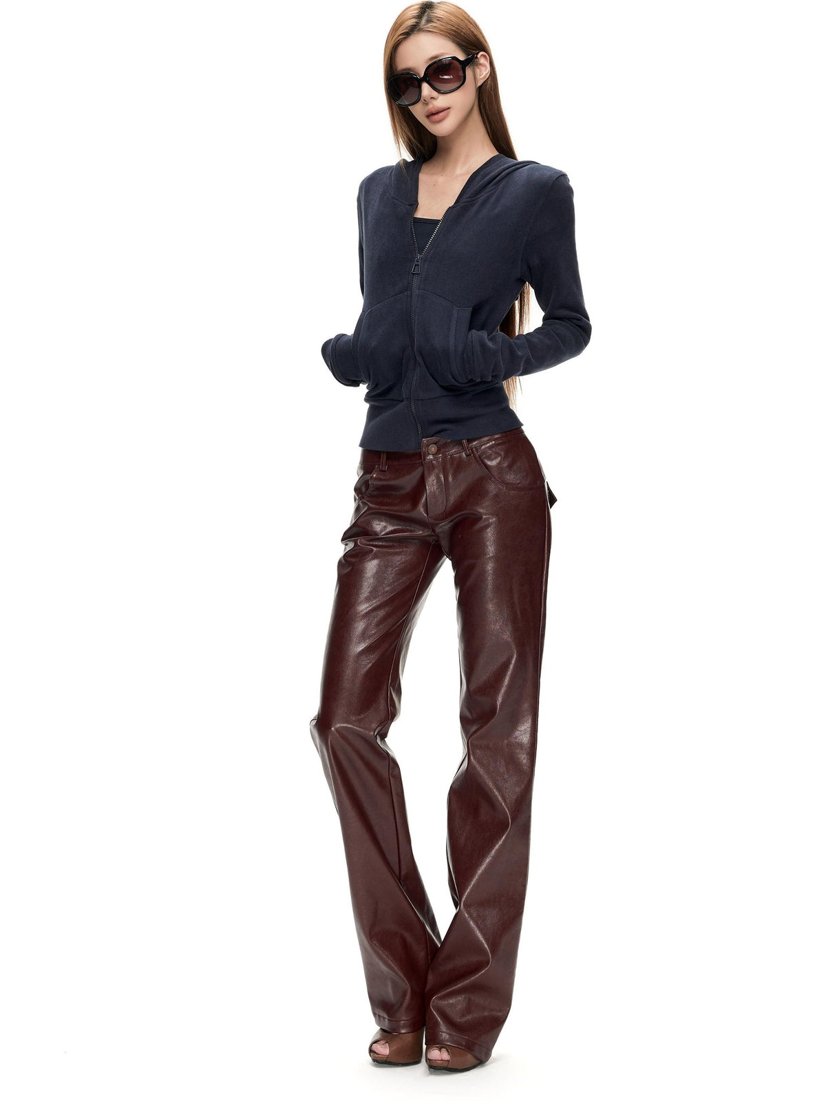 Fanptntox Glossy Red Straight Leg Low Waist Slimming Women's Pu Leather Pants
