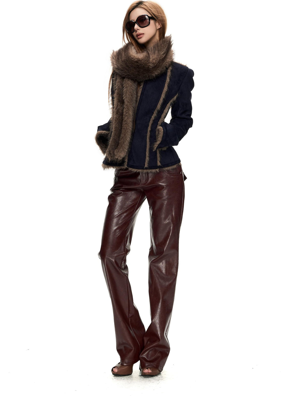 Fanptntox Glossy Red Straight Leg Low Waist Slimming Women's Pu Leather Pants
