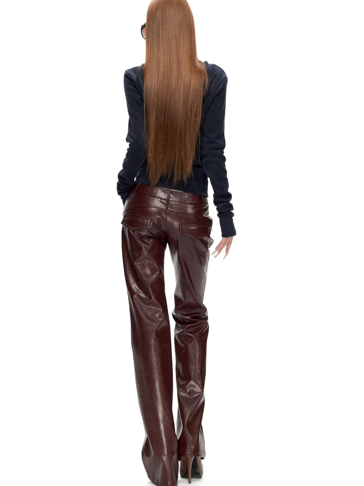 Fanptntox Glossy Red Straight Leg Low Waist Slimming Women's Pu Leather Pants